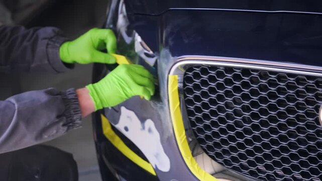 Auto technician applying masking tape on repaired car bumper close-up in body shop, protecting vehicle edges before primer coating and repainting work.