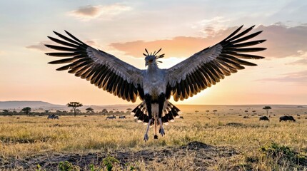 Fototapeta premium Secretarybird With Wings Spread African Savannah Wildlife Conservation Advertising Secretarybird African Savanna