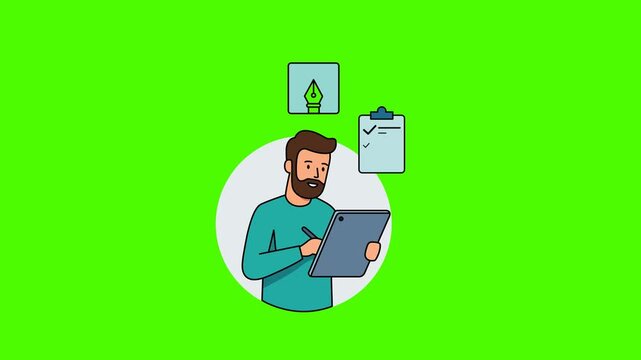 Animated motion graphics illustration of a freelance developer using a tablet with coding, UI, and checklist icons, ideal for technology, startup, and remote work presentations