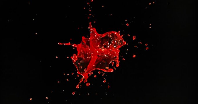 Ultra slow motion blood splash isolated on black background. Realistic liquid droplets ideal for VFX compositing, overlays, horror effects and cinematic action scenes.