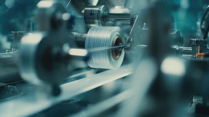 Fototapeta premium Close up of industrial machinery winding fine threads onto a spool, illustrating manufacturing processes and automation in a controlled production environment