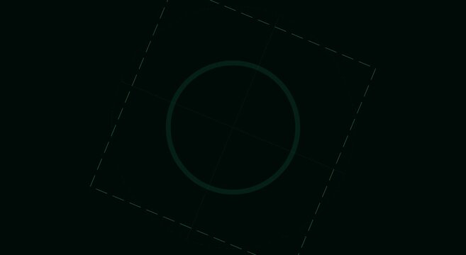 Futuristic HUD interface with rotating circle and square, digital green target overlay on black background, high-tech motion graphics for sci-fi UI