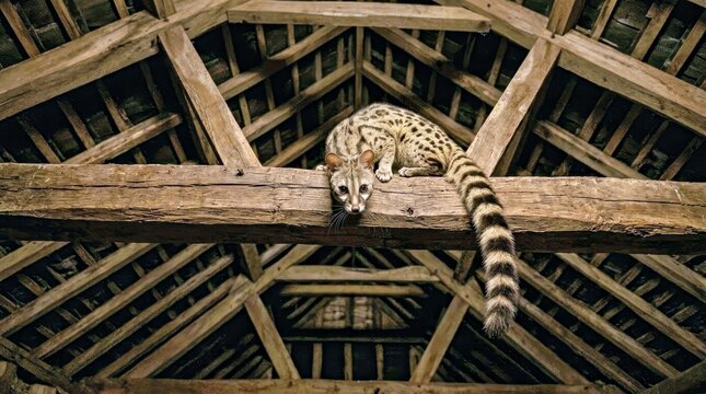 Serval Cat on Wooden Barn Beams Rustic Interior Photography Serval Cat Serval Feline Spotted Fur Black Markings
