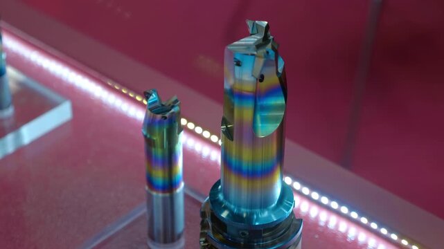 A range of new, shiny cutters for milling machines, of various shapes and purposes, are presented at the exhibition. Closeup. Shot in motion 