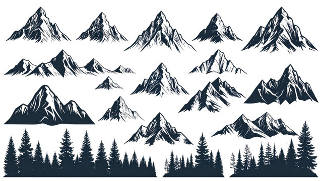 Mountain Peak Icon Collection Black Silhouette Graphics Featuring SnowCapped Mountains and Evergreen Trees
