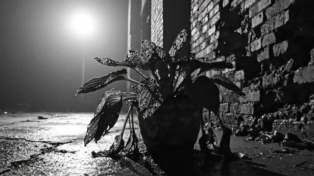 Black and white shot of hosta plant in pot illuminated by street light against brick wall
