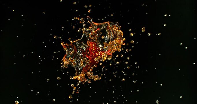 Super slow motion 1000fps video of an oil or gasoline splash isolated on a black background, ideal as a realistic VFX overlay effect for cinematic compositing and visual effects.