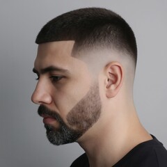 Fototapeta premium Man with modern fade haircut and sharp beard line. Stylish male model shows grooming trend. Close-up profile view of trendy hairstyle and facial hair.