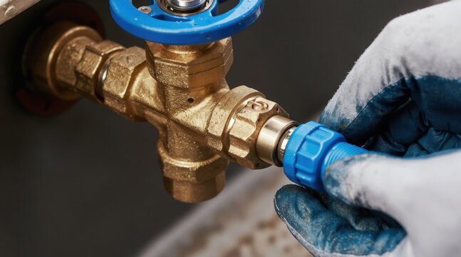 Gloved hands connect blue hose fitting to brass backflow preventer valve. Installer ensures plumbing system integrity with secure connection. Work involves water safety and device setup.