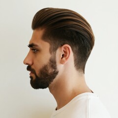 Naklejka premium Man profile, side view shows neat short hair, beard style. Guy wears white shirt, looks left. Male portrait with neat undercut coiffure and groomed facial hair.