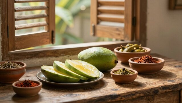 A ripe mango and various spices are arranged on a rustic wooden table near an open window.