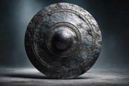 Ancient weathered metal shield artifact.