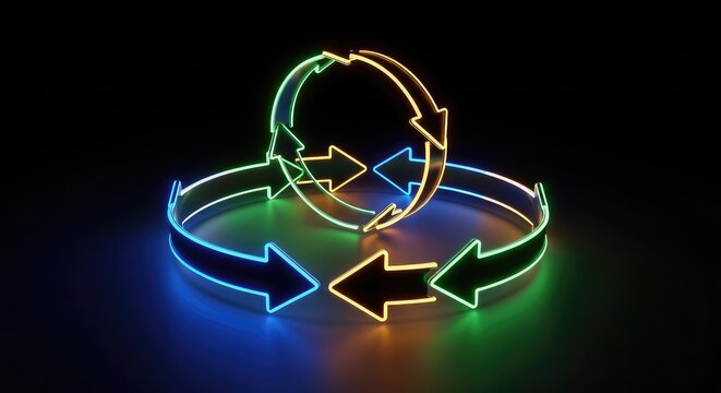Glowing vibrant neon arrows form a continuous circular loop against a dark backdrop to represent constant renewal, refresh, and recycling, energy, motion, connection
