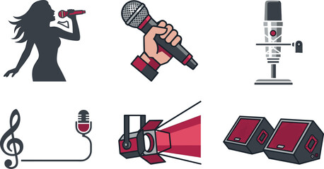 Naklejka premium Live Music Performance and Singing Icon Set Featuring Microphones Female Singer Silhouette Studio Mic Spotlight Stage Monitors and Clef Symbol