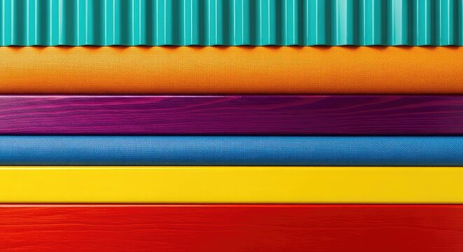 Horizontal bands of alternating materials including corrugated steel, soft linen, and polished wood in vibrant complementary color pairs, polished, materials, construction