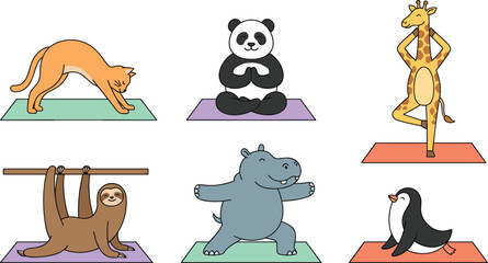Fototapeta premium Cute Cartoon Animals Doing Yoga and Fitness Exercises Set Featuring Cat Panda Giraffe Sloth Hippo and Penguin Stretching on Mats Vector Illustration