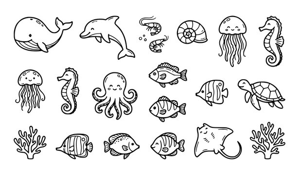 Cute marine animal outline doodles in black and white with whimsical sea life vector collection