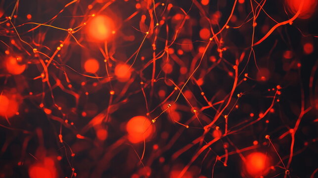 Neural network abstract creating a complex system of intertwined red lines and glowing nodes, communicating ideas, energy, and information within a biological context