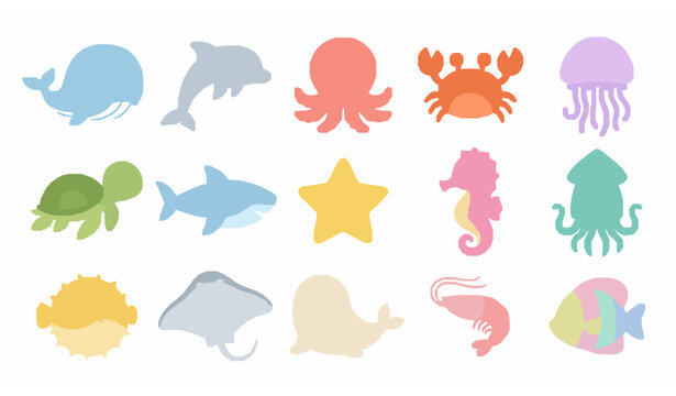 Cute sea animals cartoon vector collection with playful underwater marine characters