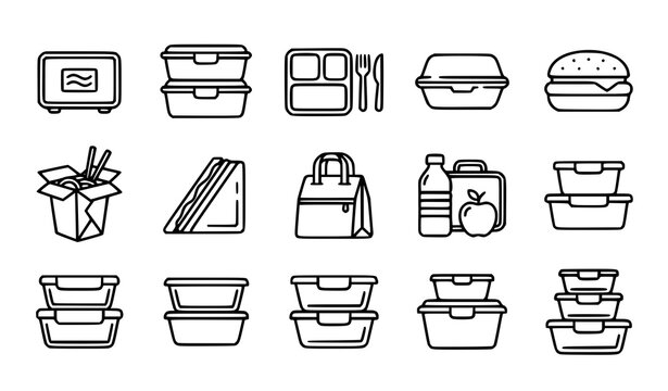 Minimal takeaway food and lunchbox pictogram set with plastic container outline vector icons