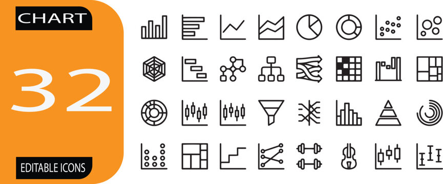Set of 32 outline icons related to graphs, and data visualization Linear icon collection. Editable stroke. Vector illustration