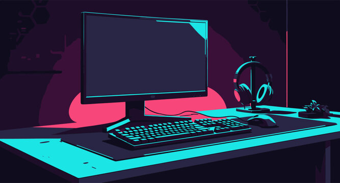 Modern gaming computer setup featuring a sleek monitor keyboard and headphones displayed in a vibrant neon lit digital workspace environment