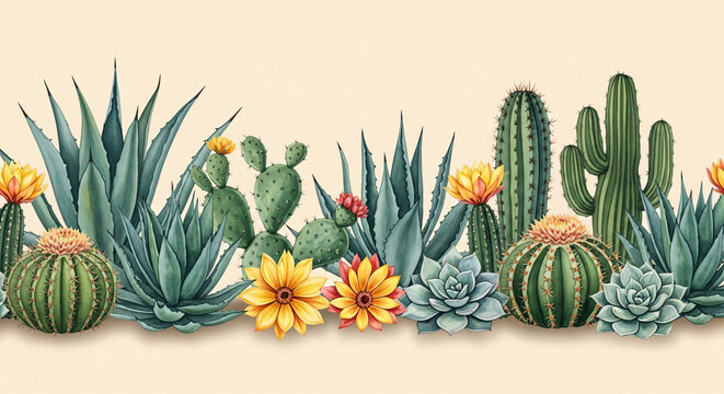 Watercolor Cactus Succulent Border Desert Plant Illustration Horizontal Banner