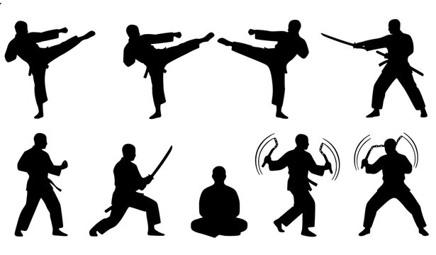 Martial Arts Silhouette Vector Set with Dynamic Combat Poses and Weapon Technique Designs