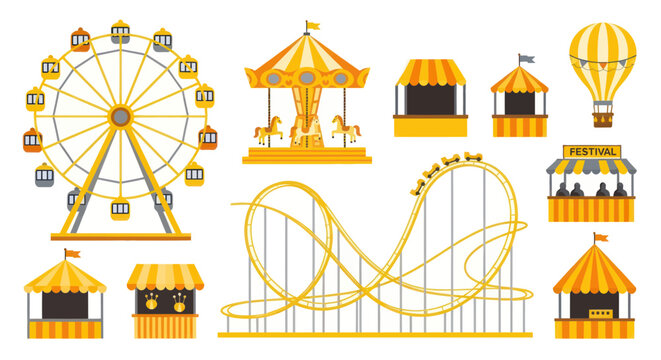 Amusement Park Fun: Carousel, Ferris Wheel, Rollercoaster, Hot Air Balloon & Stalls