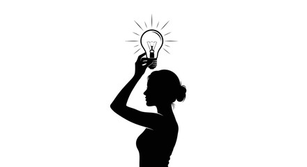 Silhouette of woman holding illuminated light bulb above head, symbolizing creativity and ideas © firia