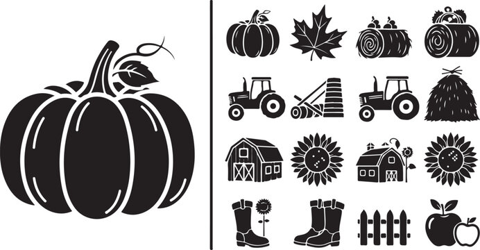 Fall, harvest, pumpkin, farm icons, black vector set