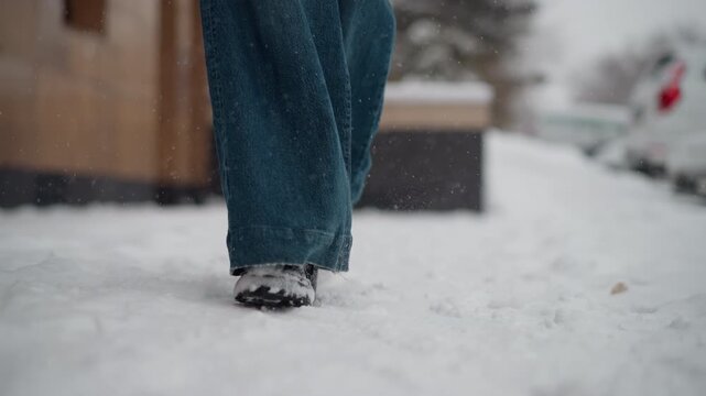 Closeup boots walking through snow, denim hem brushing icy sidewalk, soft snowfall and parked cars, crunching footsteps and slow deliberate pace, cinematic shallow focus and moody atmosphere, holiday