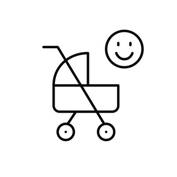 Baby stroller and smiley face. Infant products and care family satisfaction. Pixel perfect, editable stroke vector icon