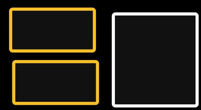 Minimalist geometric frame set, gold and white glowing border overlays, elegant neon rectangle and square outlines for video production