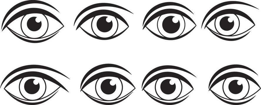 Minimalist human eye icons set featuring black line art pupil and eyelid details for optometry clinics vision care branding and medical vector design projects.