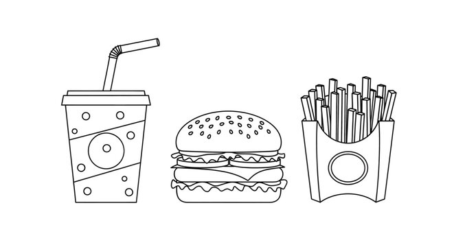 Black and white line art illustration of a classic fast food meal combo with burger, fries, and a drink.