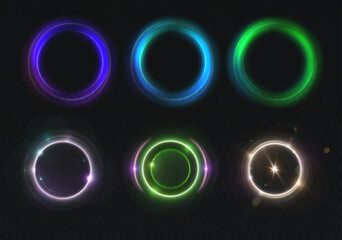 Naklejka premium Set of colorful glow circles on transparent background featuring multiple vibrant designs suitable f