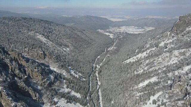 Aerial winter view of Rila Mountain near Beli Iskar village, Sofia Region, Bulgaria