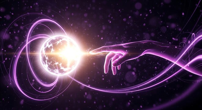 Cosmic energy visualization with glowing celestial body and swirling purple magnetic field lines in deep space