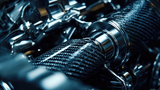 Automotive engine components feature carbon fiber and metallic elements, highlighting precision engineering, high performance, and sophisticated mechanical design in a powerful motor system