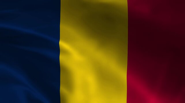 National flag of Chad waving in the wind with high quality silk fabric texture and cinematic lighting; vertical tricolor of blue yellow and red in a seamless loop for backgrounds and presentations.