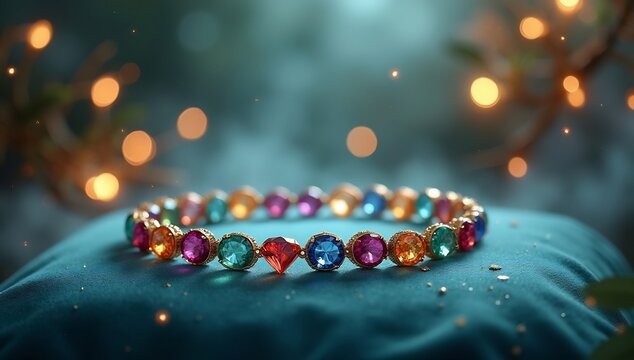 Exquisite Gemstone Bracelet Adorned with Colorful Jewels on a Velvet Cushion.