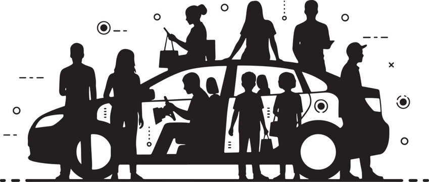 Ride sharing service concept with people and car silhouette, community