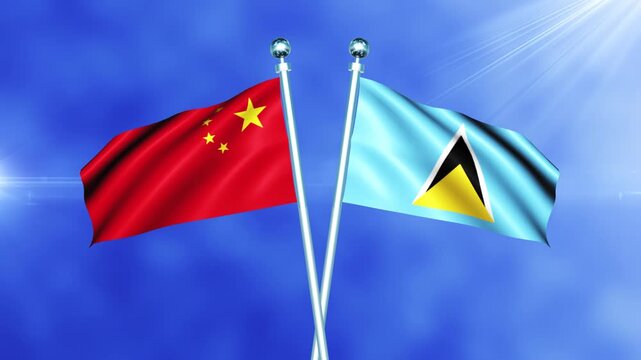 China and Saint Lucia Flag Waving On Pole Loop