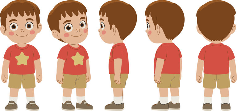 Cute little boy character turnaround vector set, cartoon kid front side and back view illustration