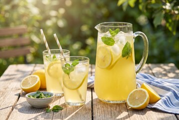 Fototapeta premium Fresh homemade lemonade pitcher with lemon slices, mint, ice on outdoor wooden table summer