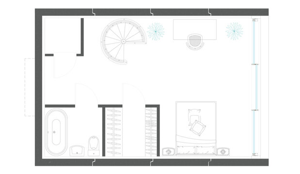 Architectural floor plan of residential master bedroom suite with bathroom and walk in closet on transparent background.