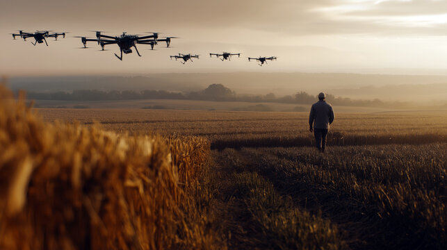 Cinematic wide shot of a farmer using AI drone swarm to tend vast fields, technology meeting nature, warm golden agricultural landscape, future farming