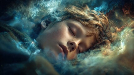 Obraz premium Child dreaming amidst cosmic nebulae