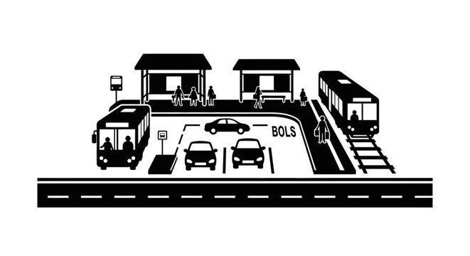 Illustration of a multi modal transport hub with buses trains and cars.